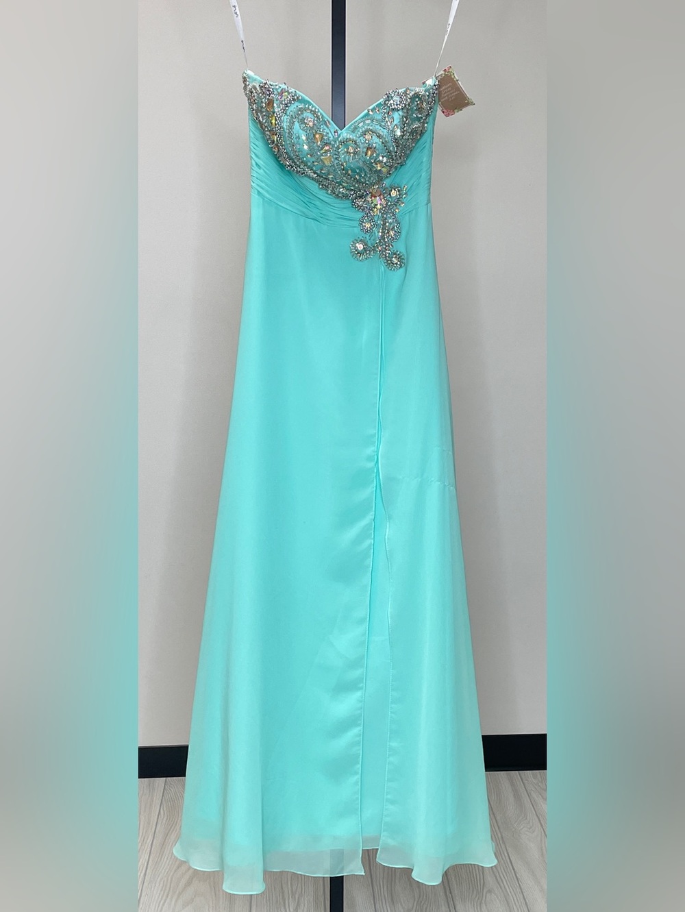 Aqua Beaded Asymmetrical Evening Dress